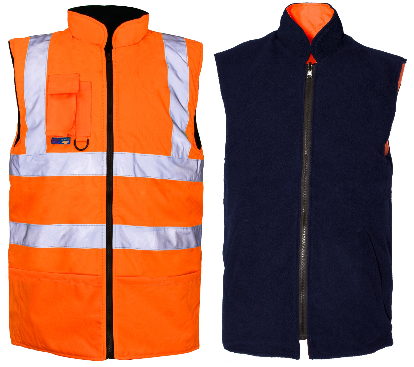 Orange Hivis Reversible Bodywarmer With Navy Fleece Lining.